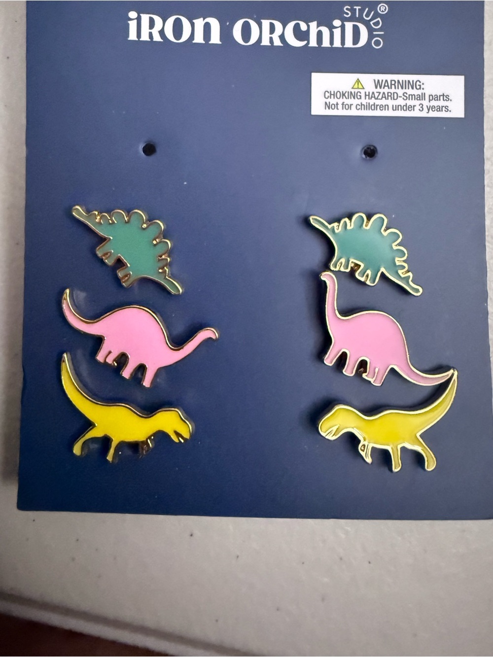 Kids Dinosaur Enamel Earrings - Pink, Yellow & Green
